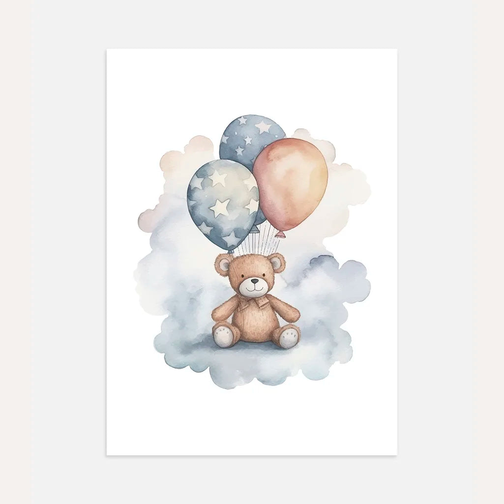 Bear On A Cloud With Star Balloons Poster