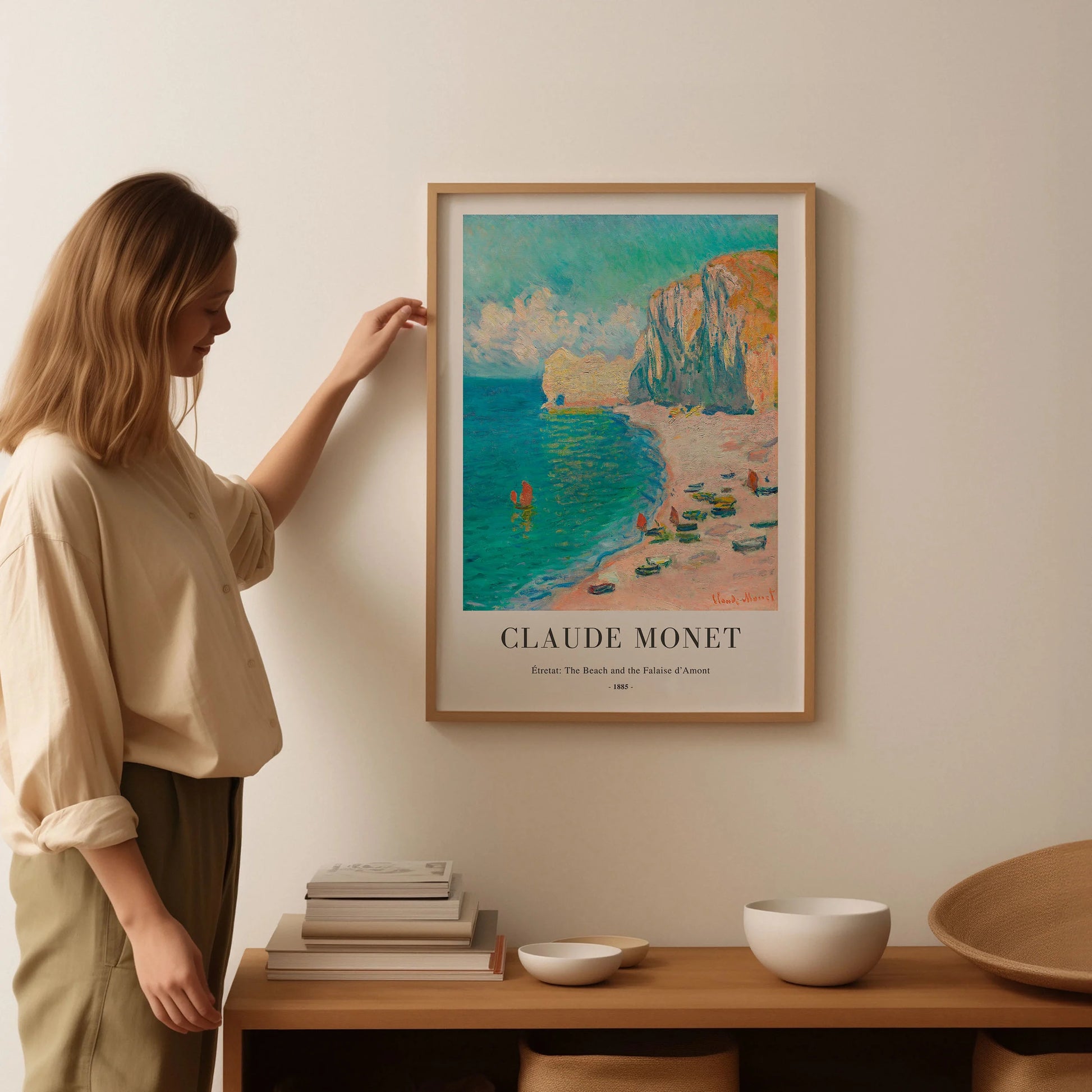 Plakat Claude Monet – Étretat: Plaża i Falaise d'Amont, 1885