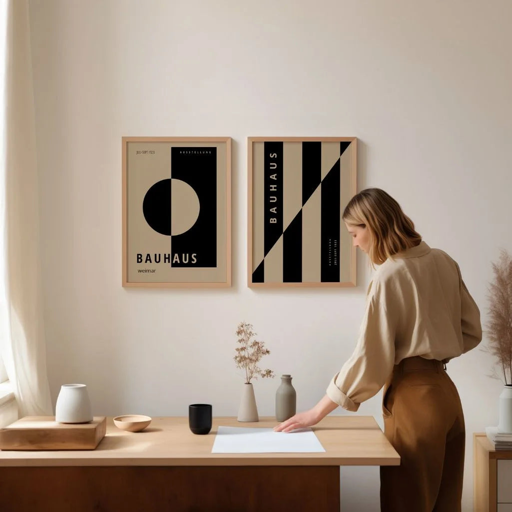 Zestaw 2 Plakatów Bauhaus – Beżowo-Czarna Abstrakcja 