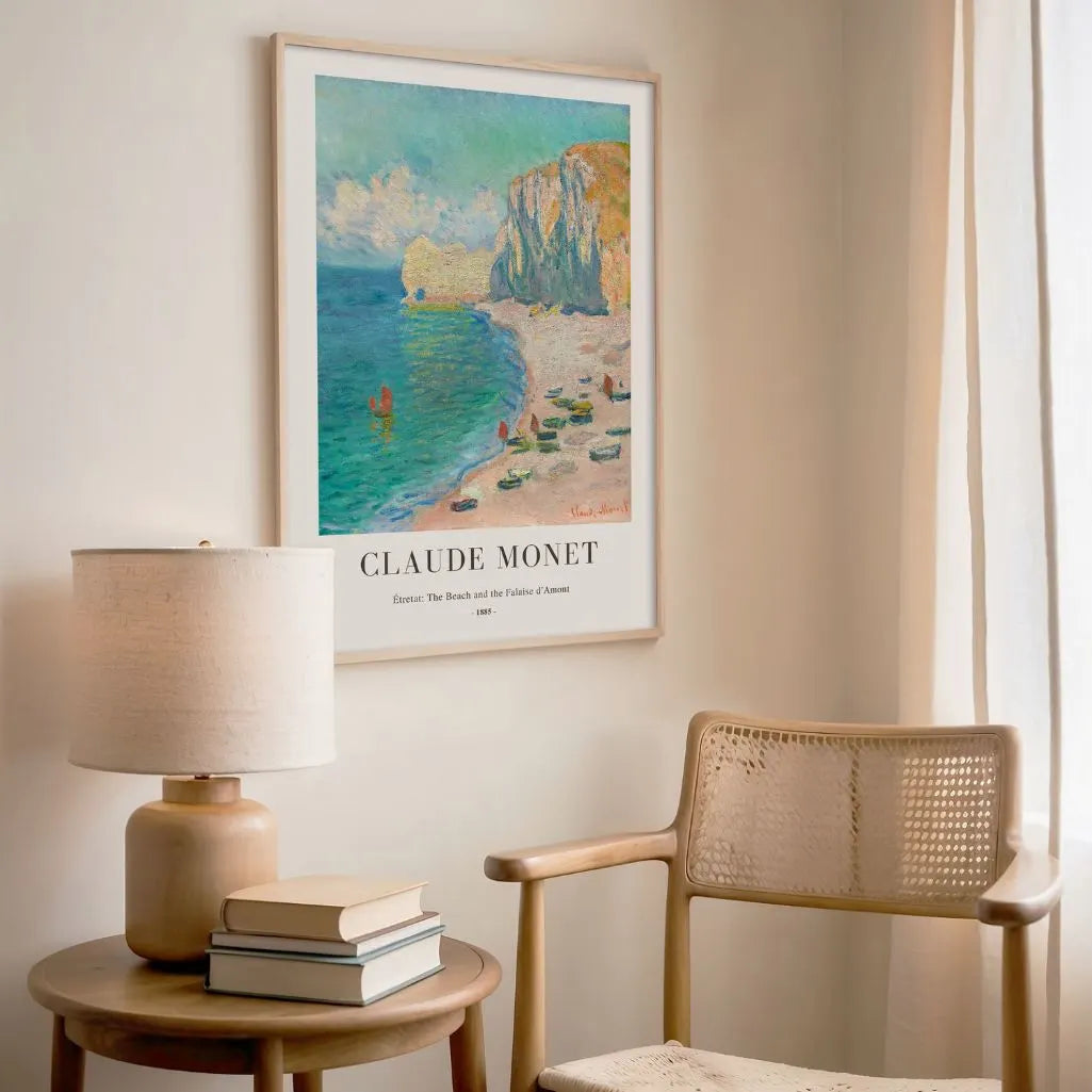 Plakat Claude Monet – Étretat: Plaża i Falaise d'Amont, 1885