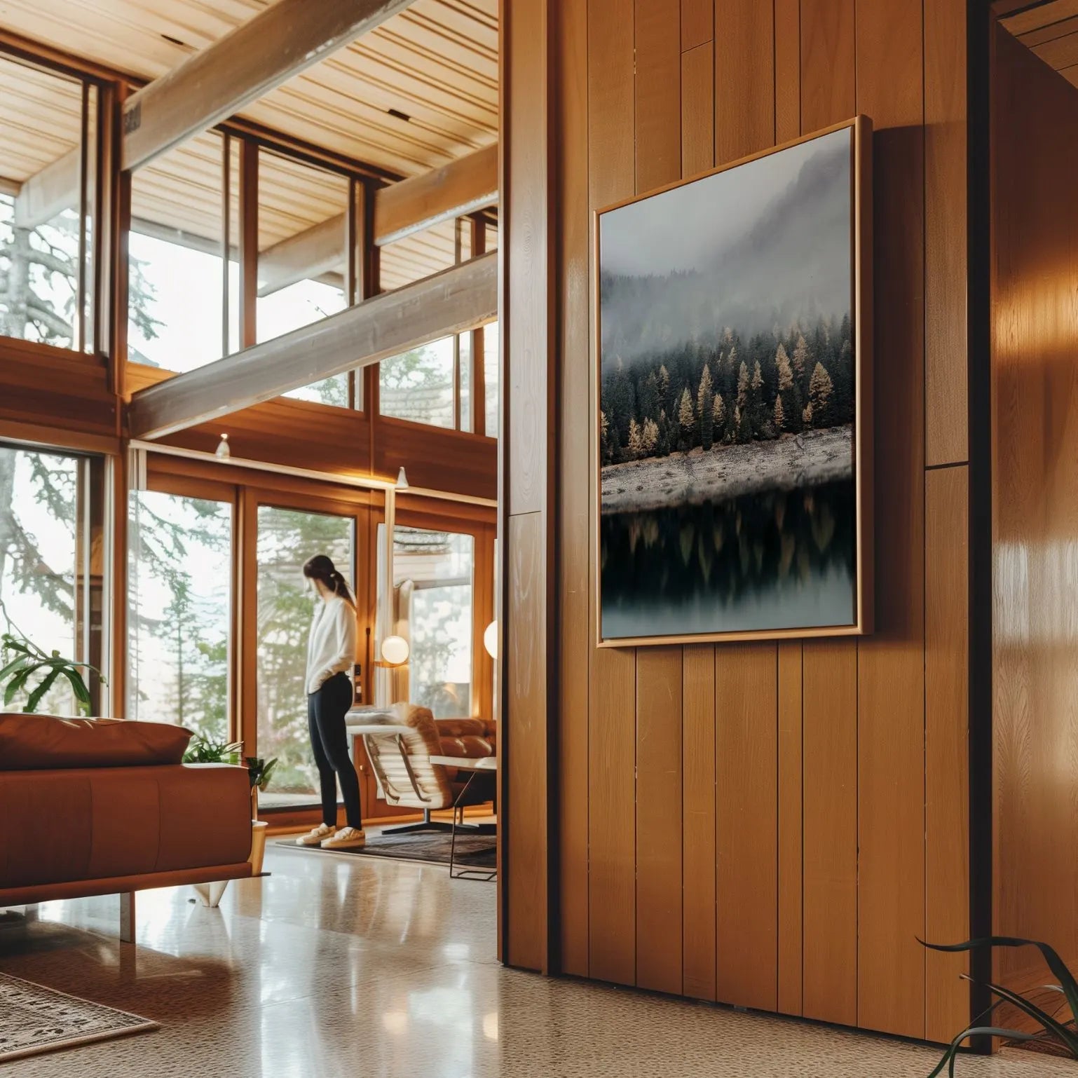 Obraz na płótnie w ramie - Poranna mgła nad jeziorem