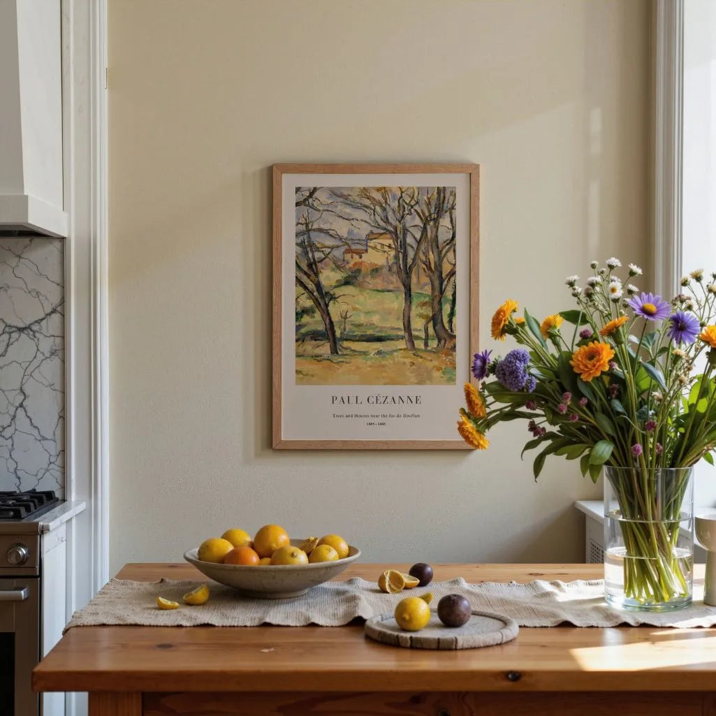 Paul Cézanne – Drzewa i domy w pobliżu Jas de Bouffan Plakat (1885–1886)