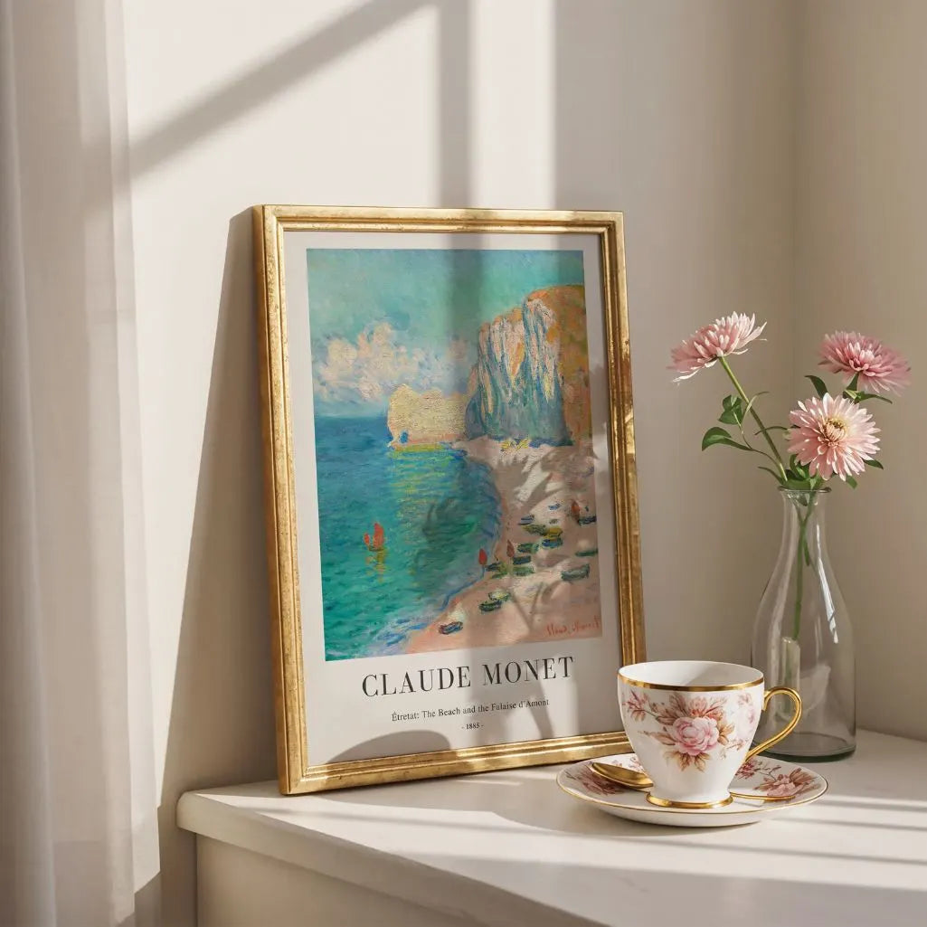 Plakat Claude Monet – Étretat: Plaża i Falaise d'Amont, 1885