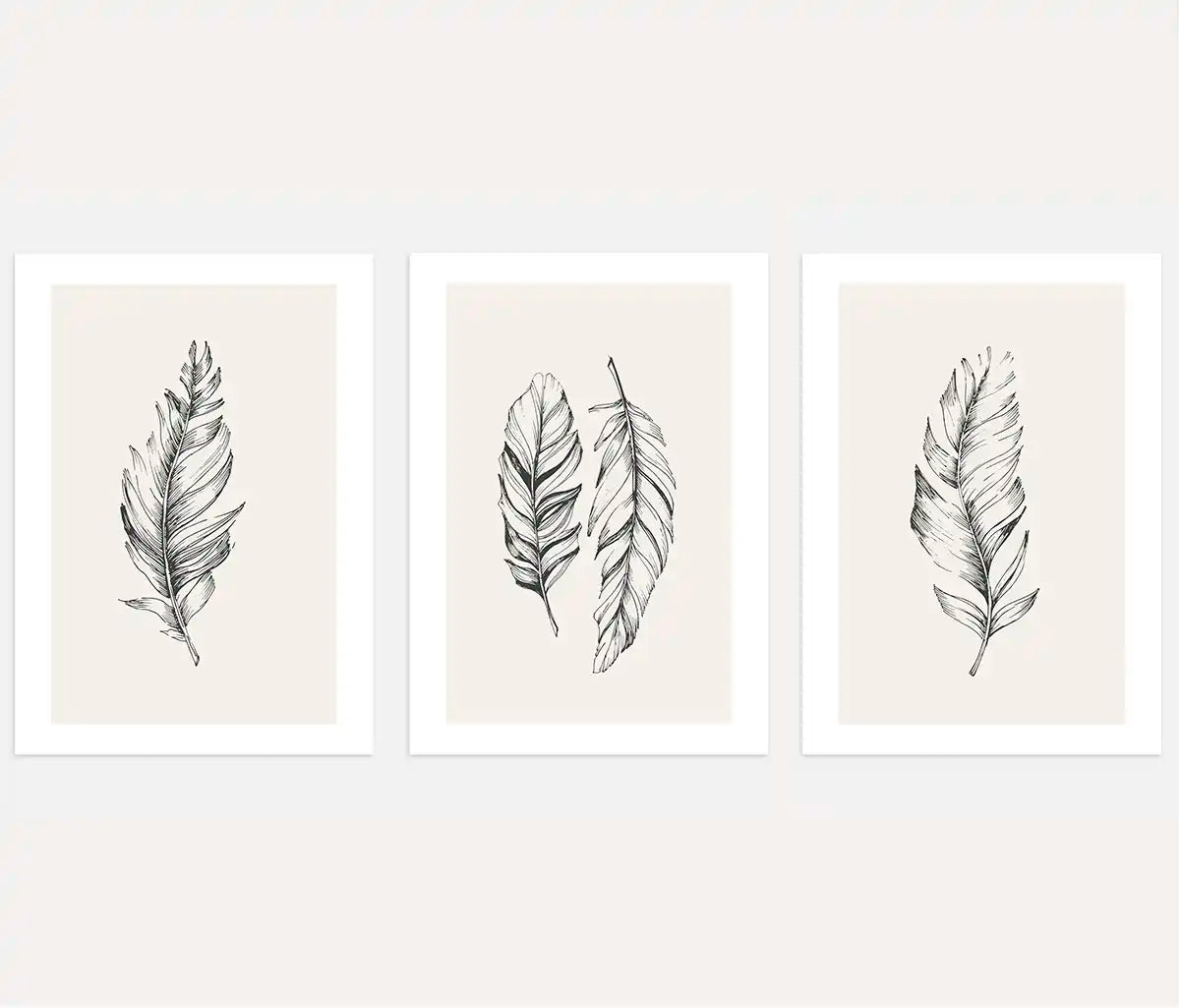Minimalist Feather Art Prints - Set of 3 Neutral Line Art Posters