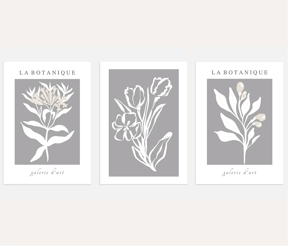 Gray Botanical Abstract Prints – Neutral Floral Set of 3