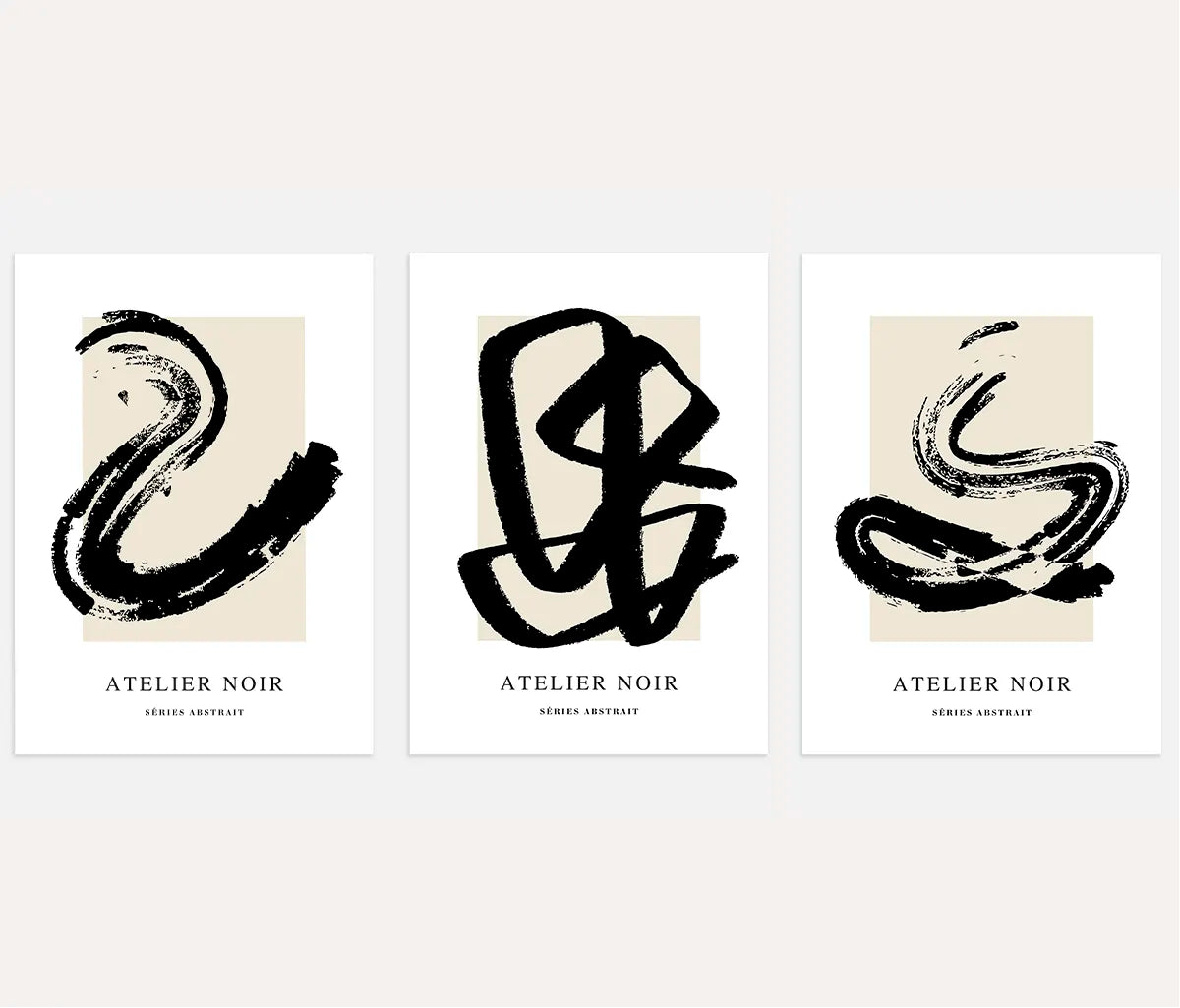 Atelier Noir – Set of 3 Abstract Art Prints - Minimalist Black & Beige Wall Art