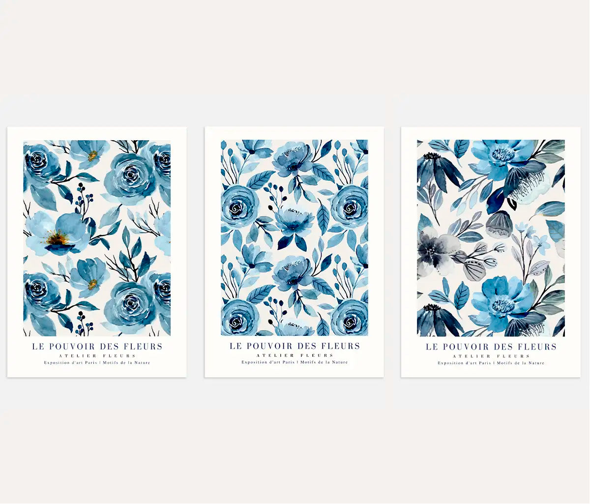 Blue Floral Watercolor Prints – Elegant Botanical Set of 3
