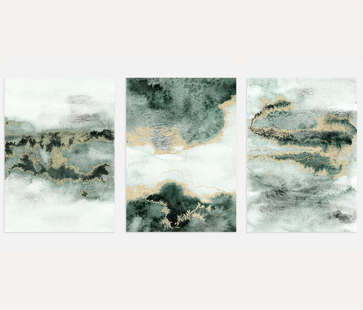 Green Abstract Art Prints - Set of 3 Emerald & Gold Wall Art