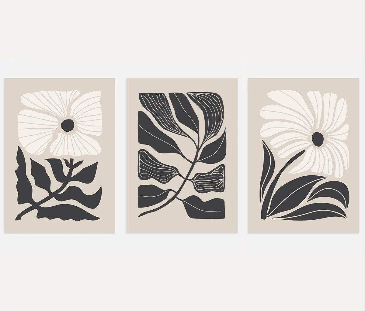 Botanical Abstract Art Prints – Beige & Gray Modern Floral Set of 3