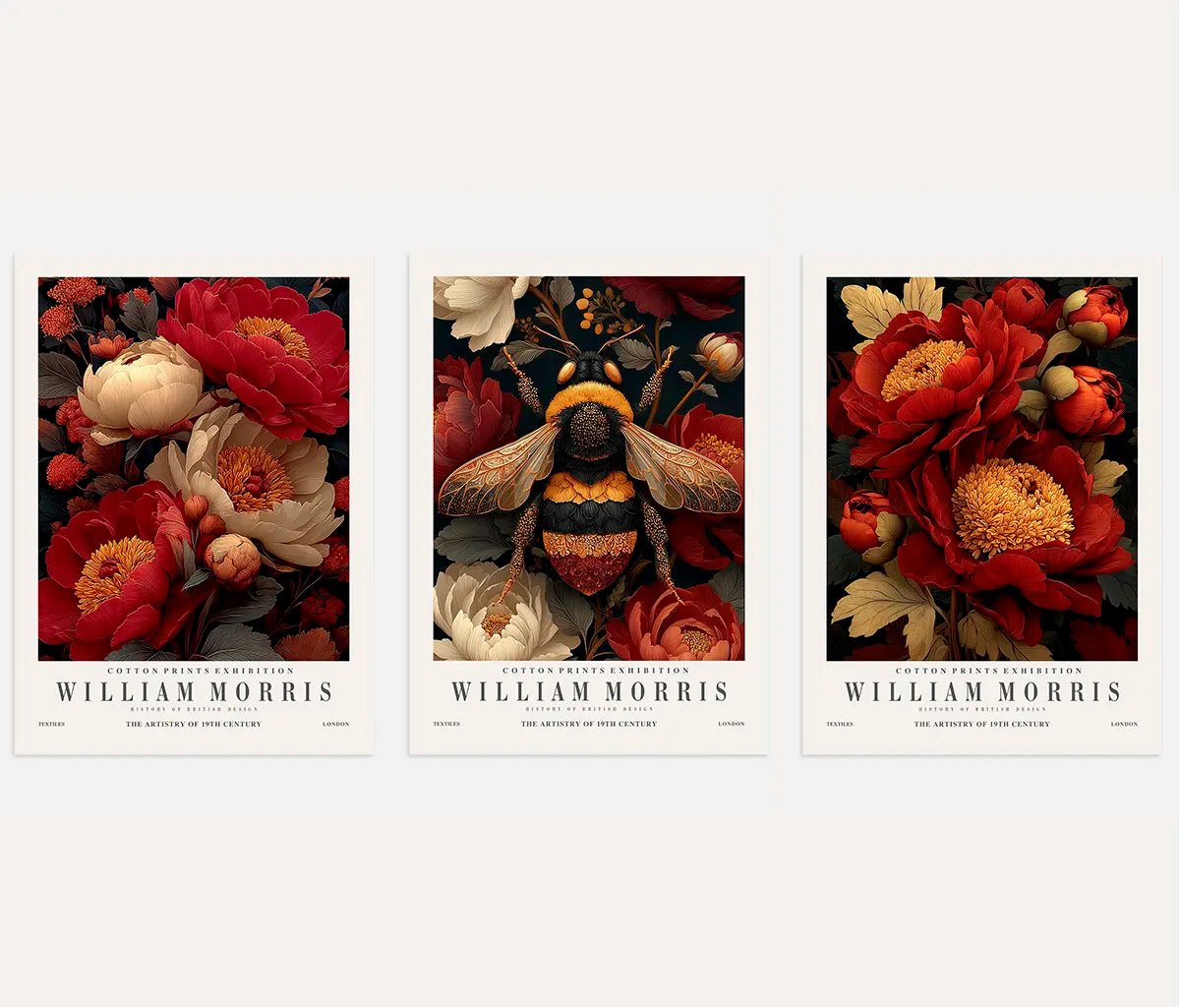Plakaty inspirowane Williamem Morrisem – Zestaw 3 sztuki „Piwonie, Pszczoła i Ozdoba”