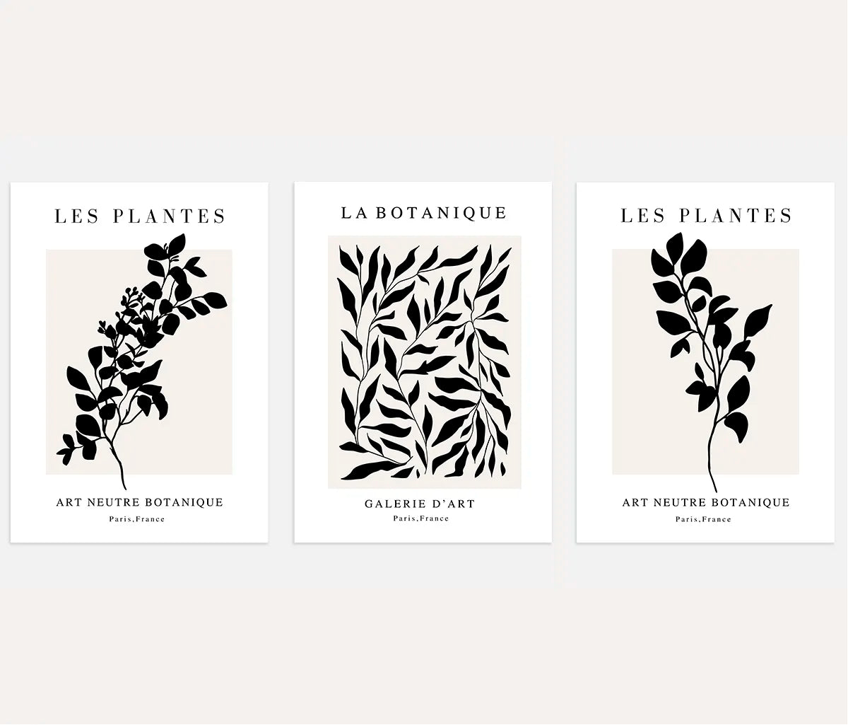 Black & Beige Botanical Silhouette Prints – Minimal Set of 3