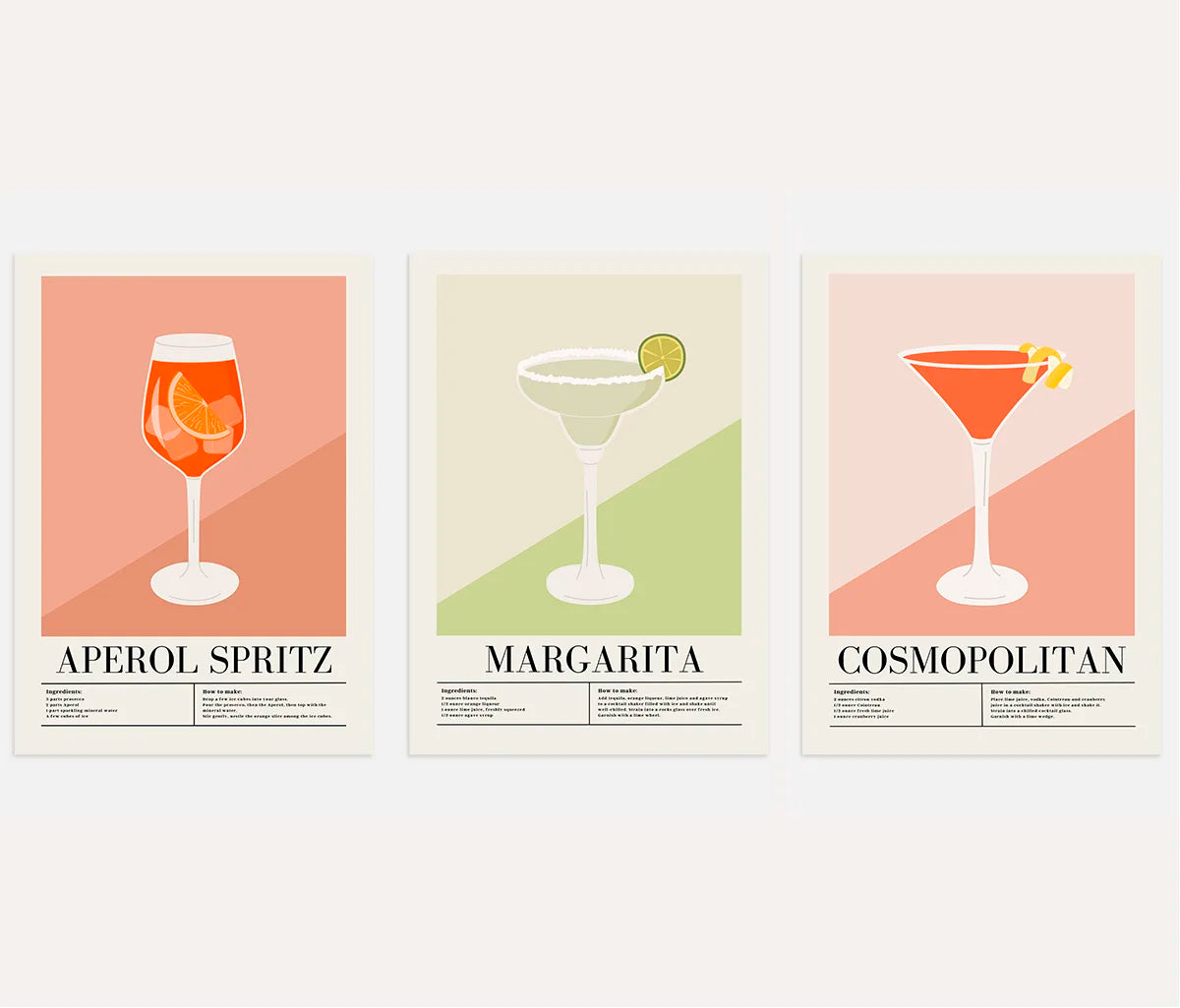 Classic Cocktail Recipe Art Prints – Aperol Spritz, Margarita & Cosmopolitan Set of 3