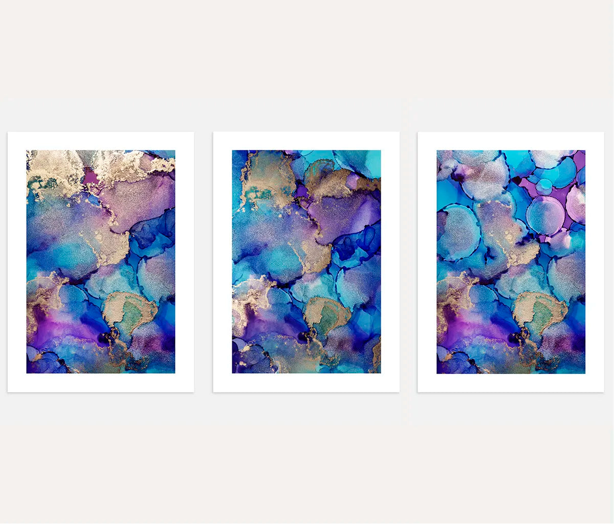 Blue Purple Abstract Alcohol Ink Art Prints - Set of 3 Gold Accent Wall Art