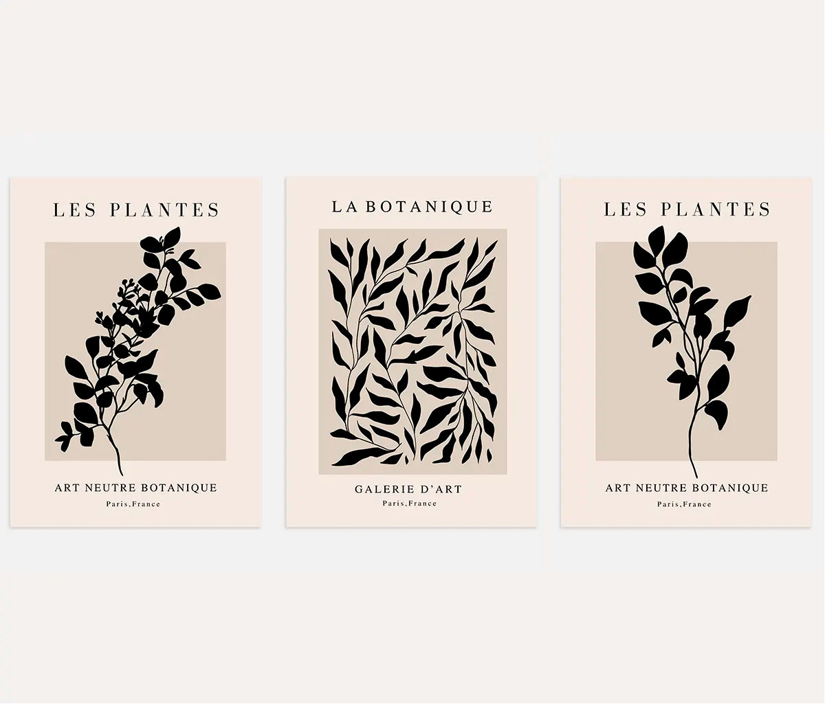 Black & Beige Botanical Art Prints – Minimalist Plant Set of 3