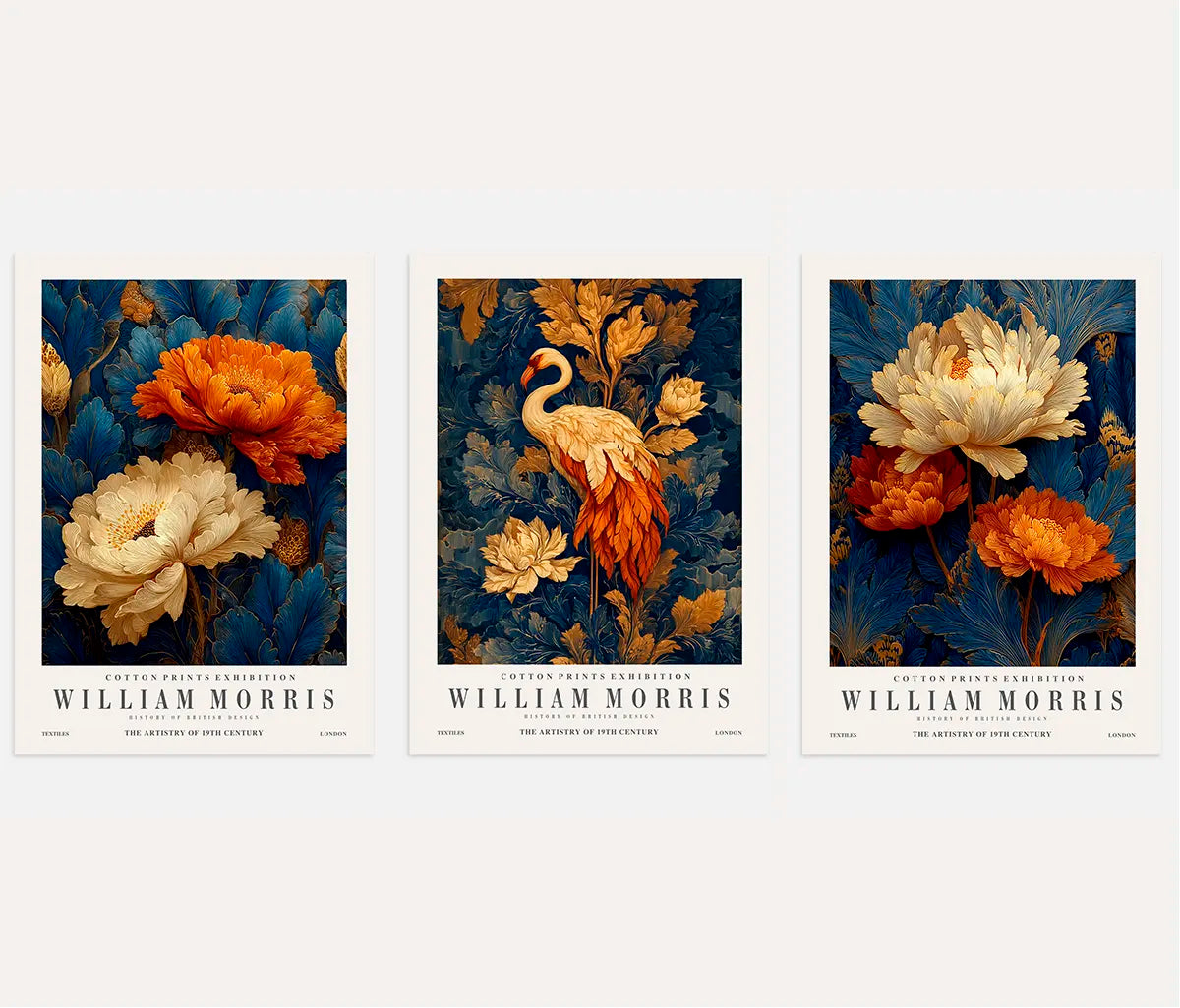 Plakaty inspirowane Williamem Morrisem – Zestaw 3 sztuki „Flaming i Kwiaty w Ozdobach Natury”
