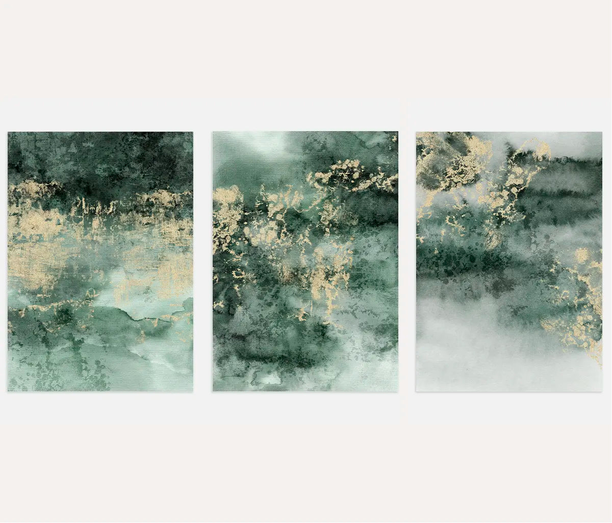Emerald Mist – Set of 3 Abstract Art Prints - Green & Gold Minimalist Wall Art