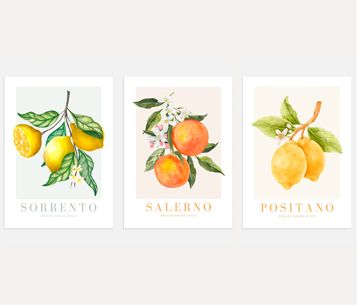 Amalfi Coast Lemon Art Prints – Sorrento, Positano & Salerno Set of 3