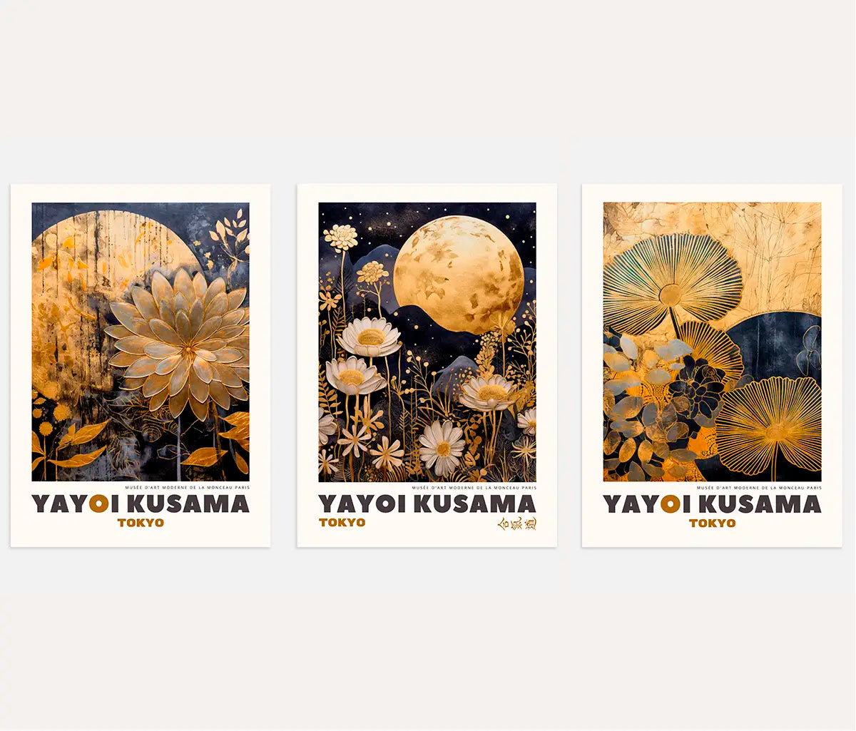 Golden Botanical Art Prints – Japanese Inspired Floral Set of 3