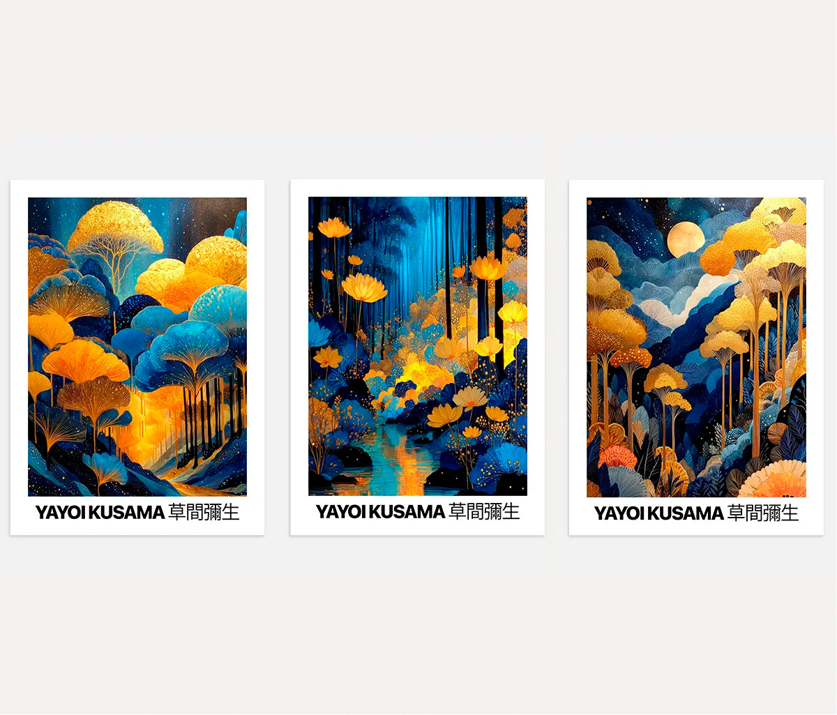 Set of 3 Japanese Botanical Art Prints in Gold & Blue - Inspired Floral Wall Art