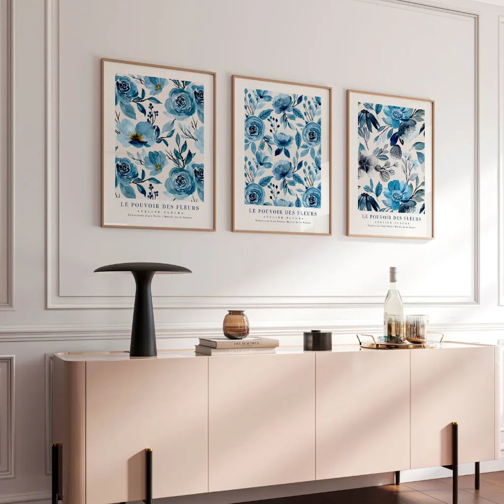 Blue Floral Watercolor Prints – Elegant Botanical Set of 3