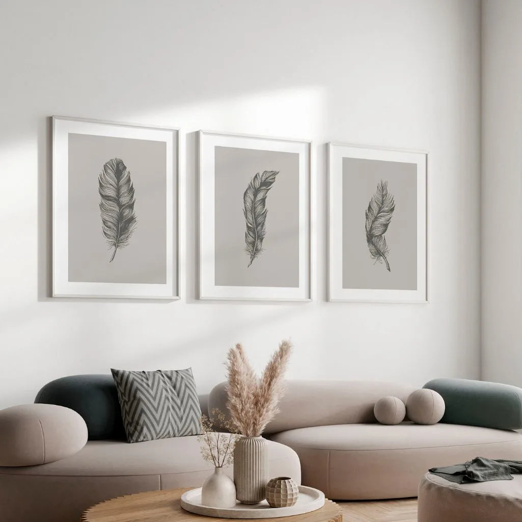 Minimalist Feather Art Prints - Set of 3 Neutral Wall Art