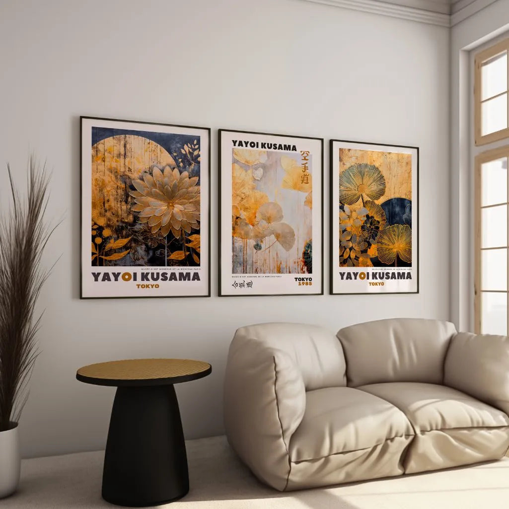 Japanese Floral Art Poster with Gold Flowers - Vintage Style Wall Art Print