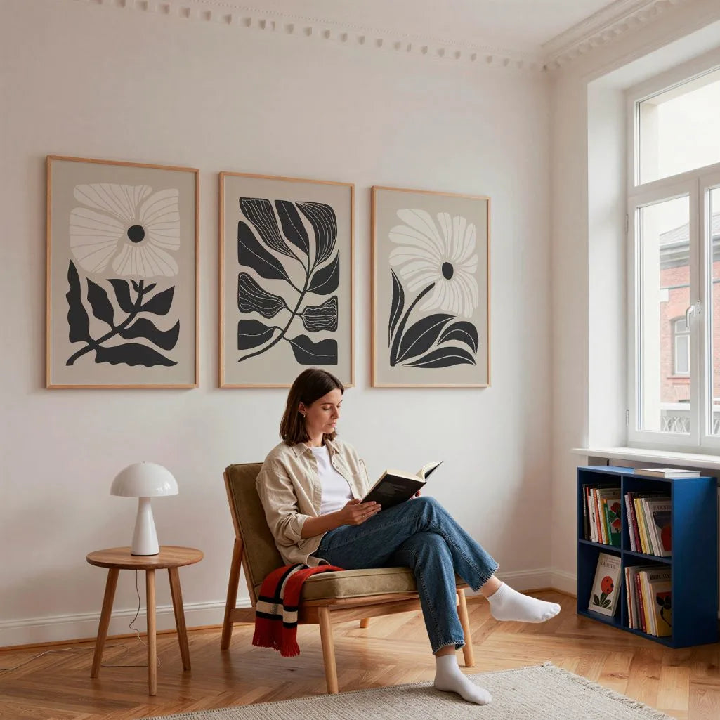 Botanical Abstract Art Prints – Beige & Gray Modern Floral Set of 3