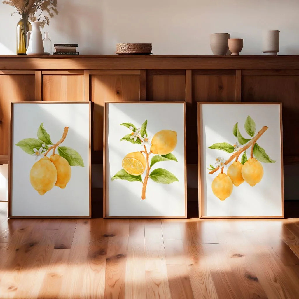Lemon Botanical Watercolor Prints – Citrus Blossom Set of 3