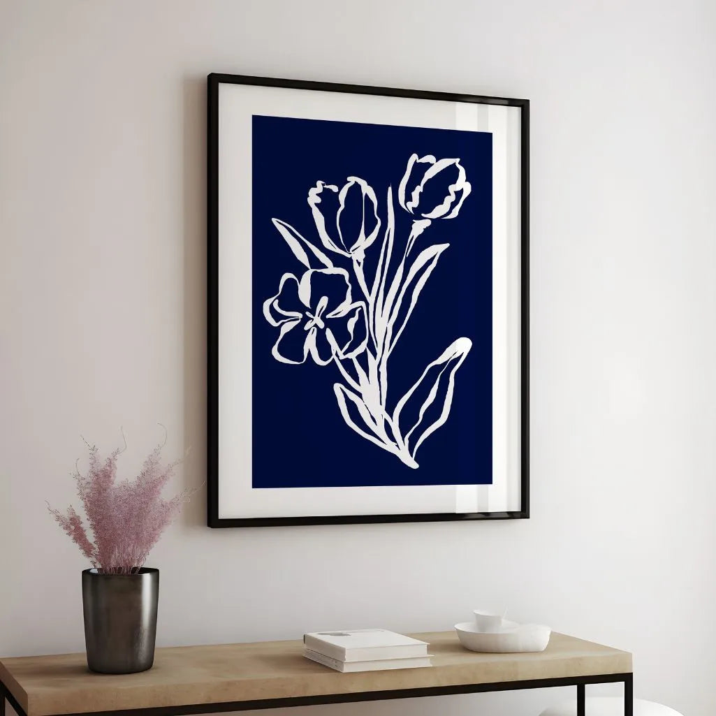Navy Floral Line Art Poster
