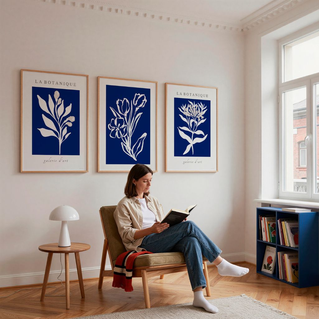 Blue Botanical Floral Prints – White Silhouette Set of 3