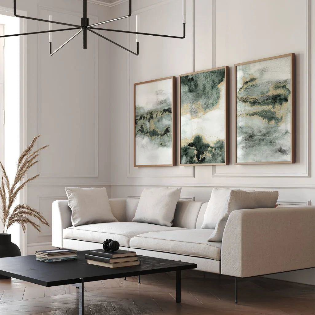 Green Abstract Art Prints - Set of 3 Emerald & Gold Wall Art