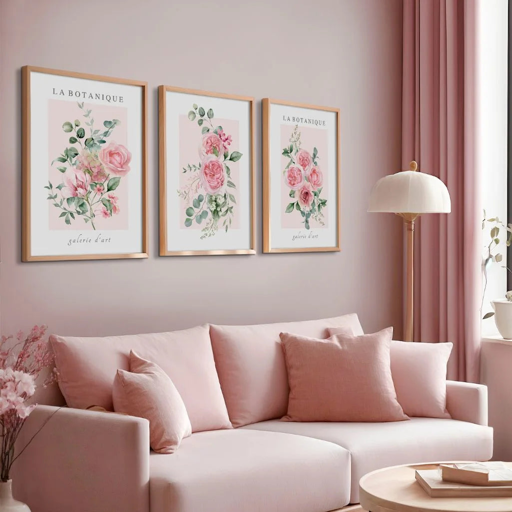 La Botanique Watercolor Floral Prints – Soft Pink Botanical Wall Art Set of 3