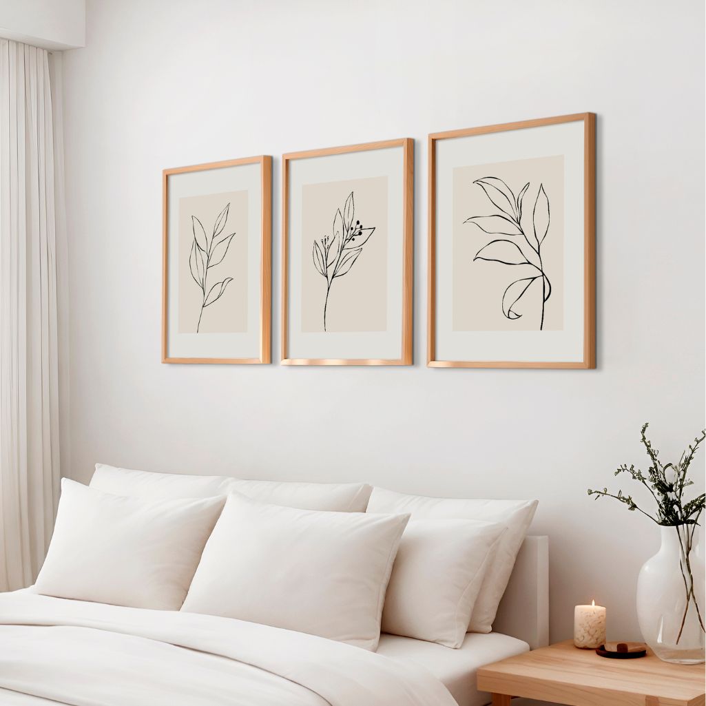Minimal Botanical Line Art Prints – Beige Set of 3