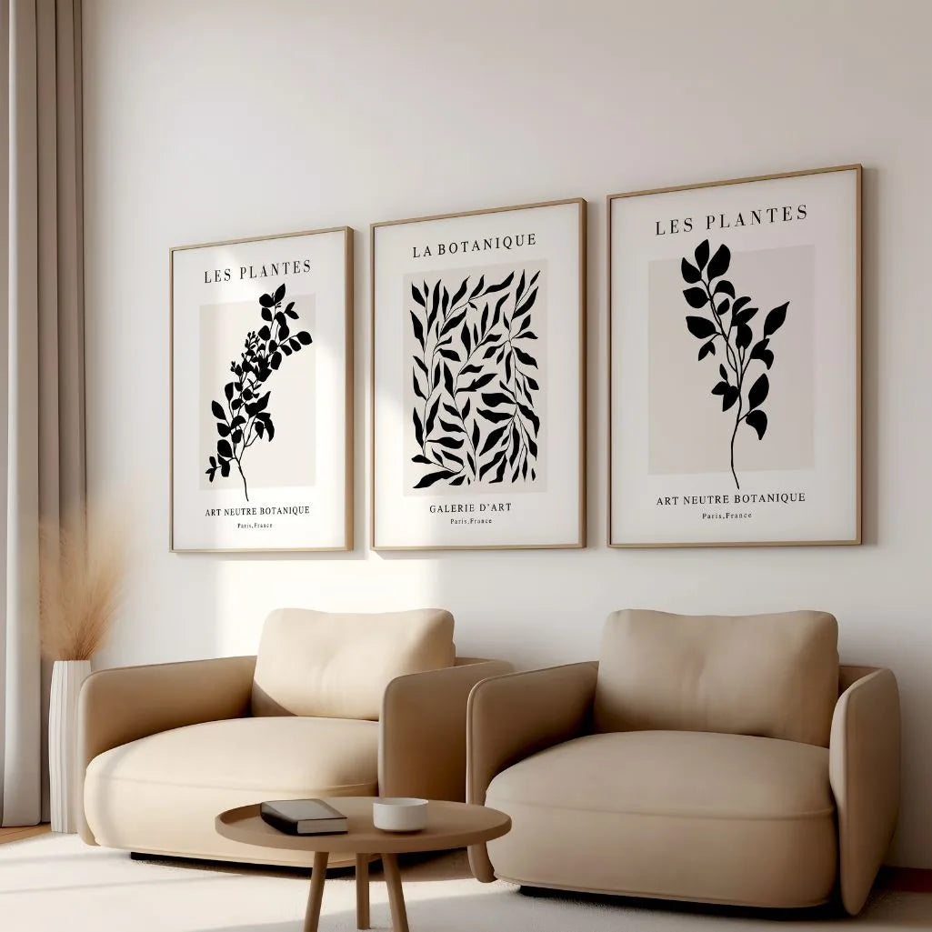 Black & Beige Botanical Silhouette Prints – Minimal Set of 3