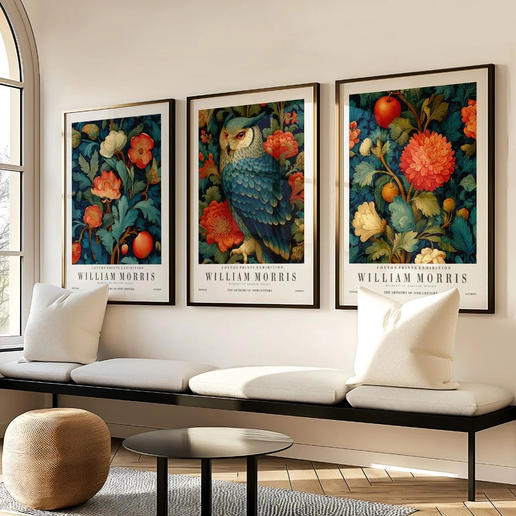 Plakaty inspirowane Williamem Morrisem – Zestaw 3 sztuki „Kwiaty, Owoce i Sowa”