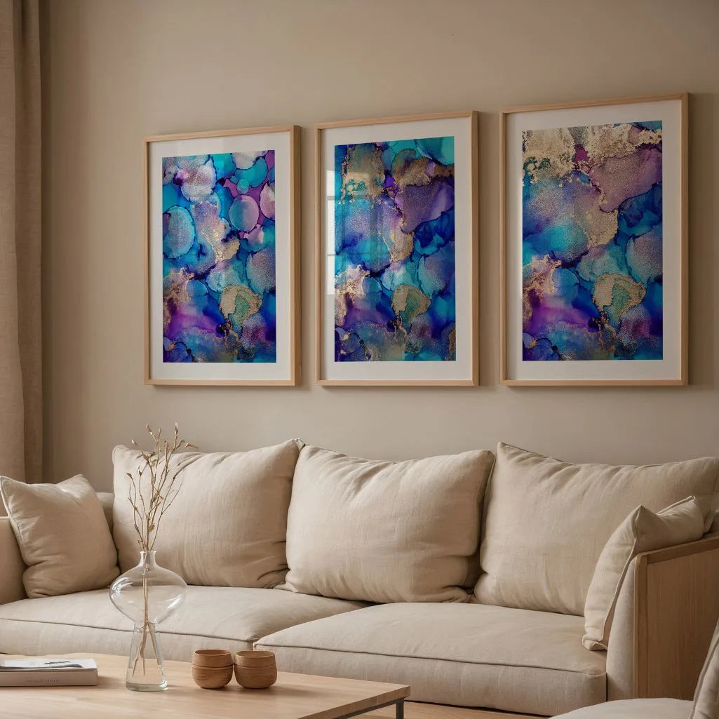 Blue Purple Abstract Alcohol Ink Art Prints - Set of 3 Gold Accent Wall Art