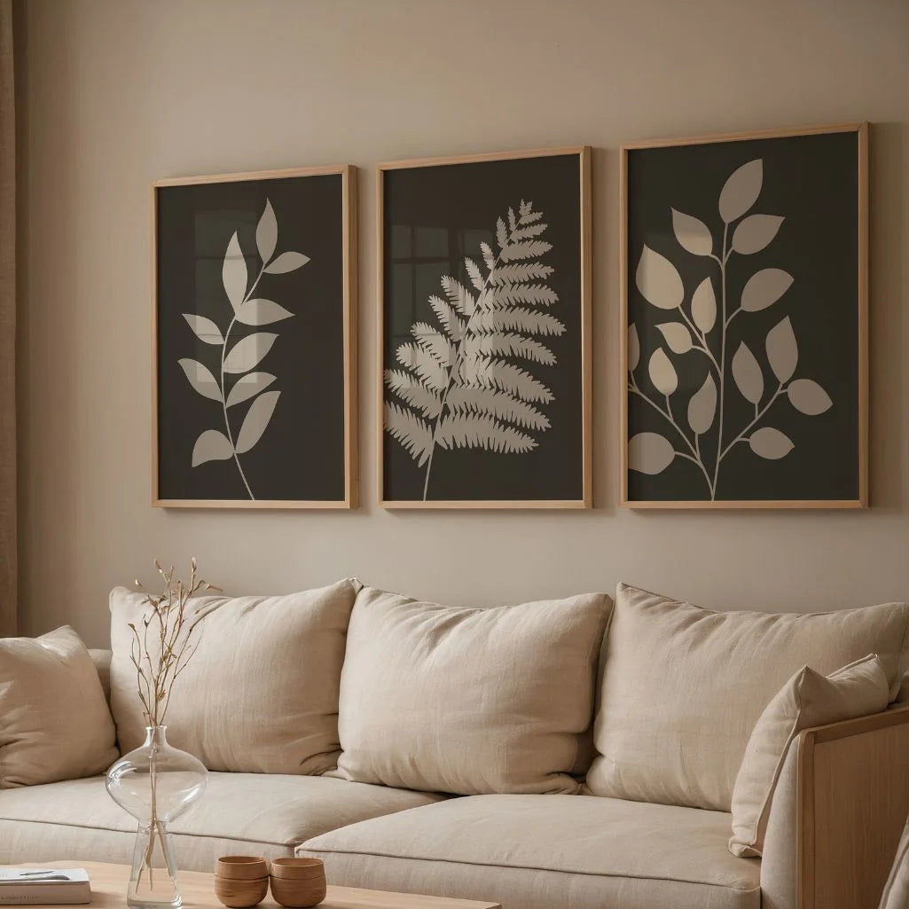 Minimal Botanical Silhouette Prints – Dark Neutral Set of 3