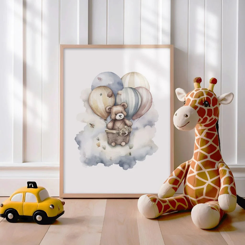 Bear In A Basket With Balloons Poster