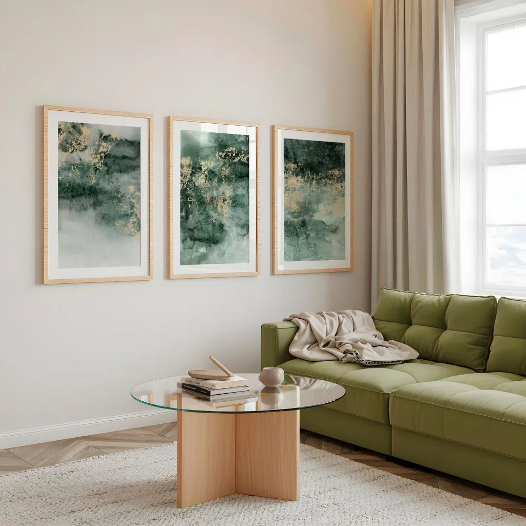 Emerald Mist – Set of 3 Abstract Art Prints - Green & Gold Minimalist Wall Art