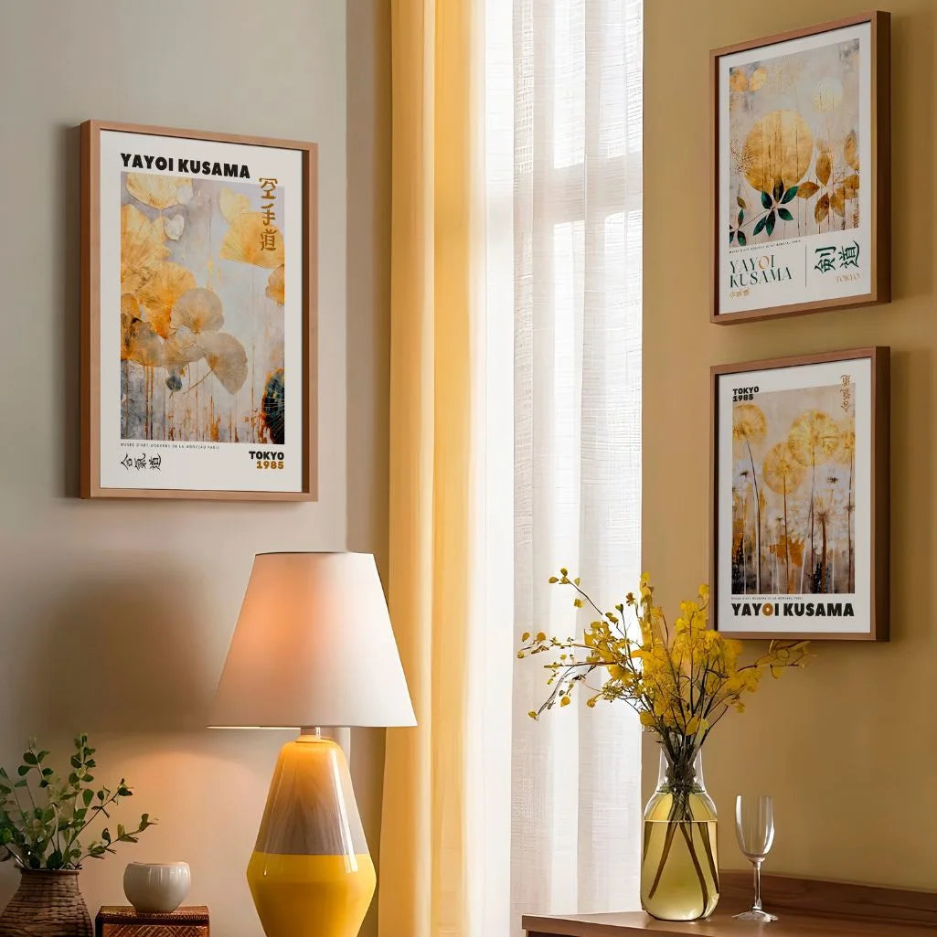 Golden Botanical Abstract Art Prints – Japanese Inspired Set of 3