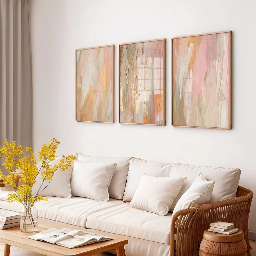 Textured Abstract Wall Art Prints - Set of 3 Neutral Gold Accent Art