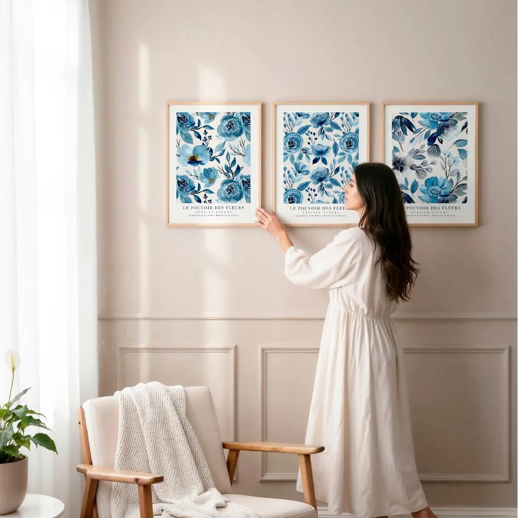 Blue Floral Watercolor Prints – Elegant Botanical Set of 3