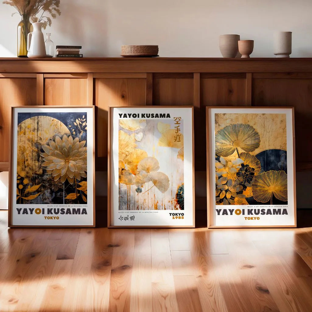 Japanese Floral Art Poster with Gold Flowers - Vintage Style Wall Art Print