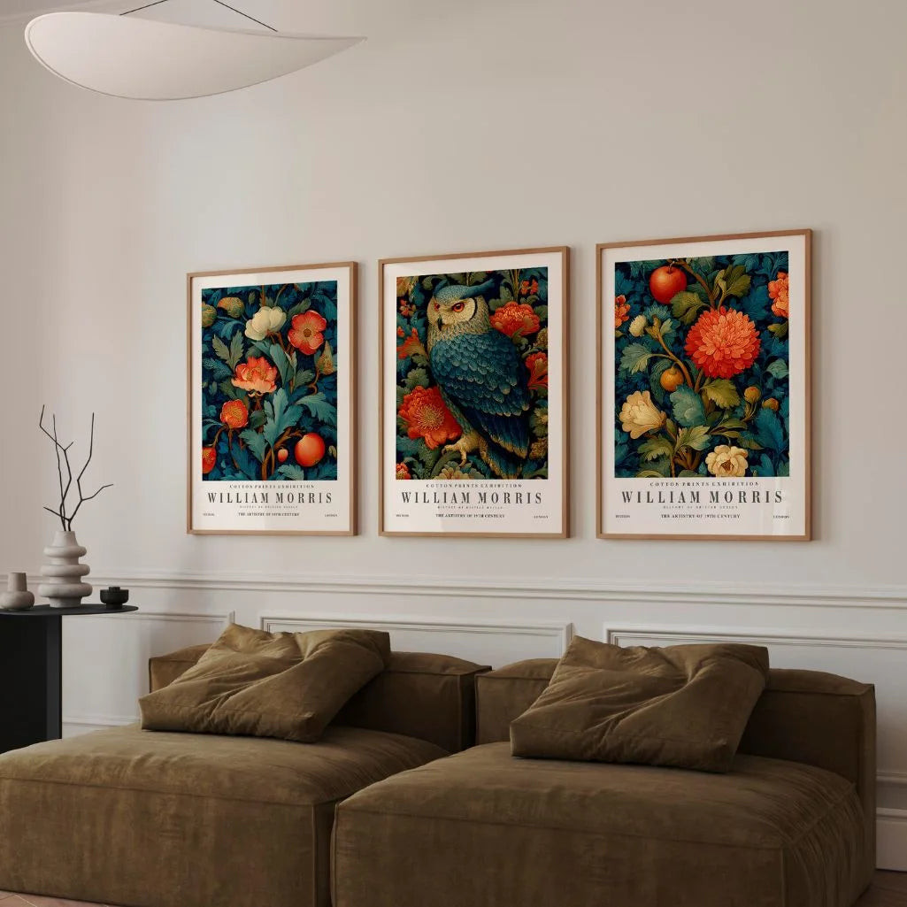 Plakaty inspirowane Williamem Morrisem – Zestaw 3 sztuki „Kwiaty, Owoce i Sowa”