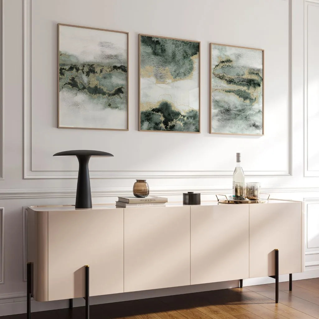 Green Abstract Art Prints - Set of 3 Emerald & Gold Wall Art