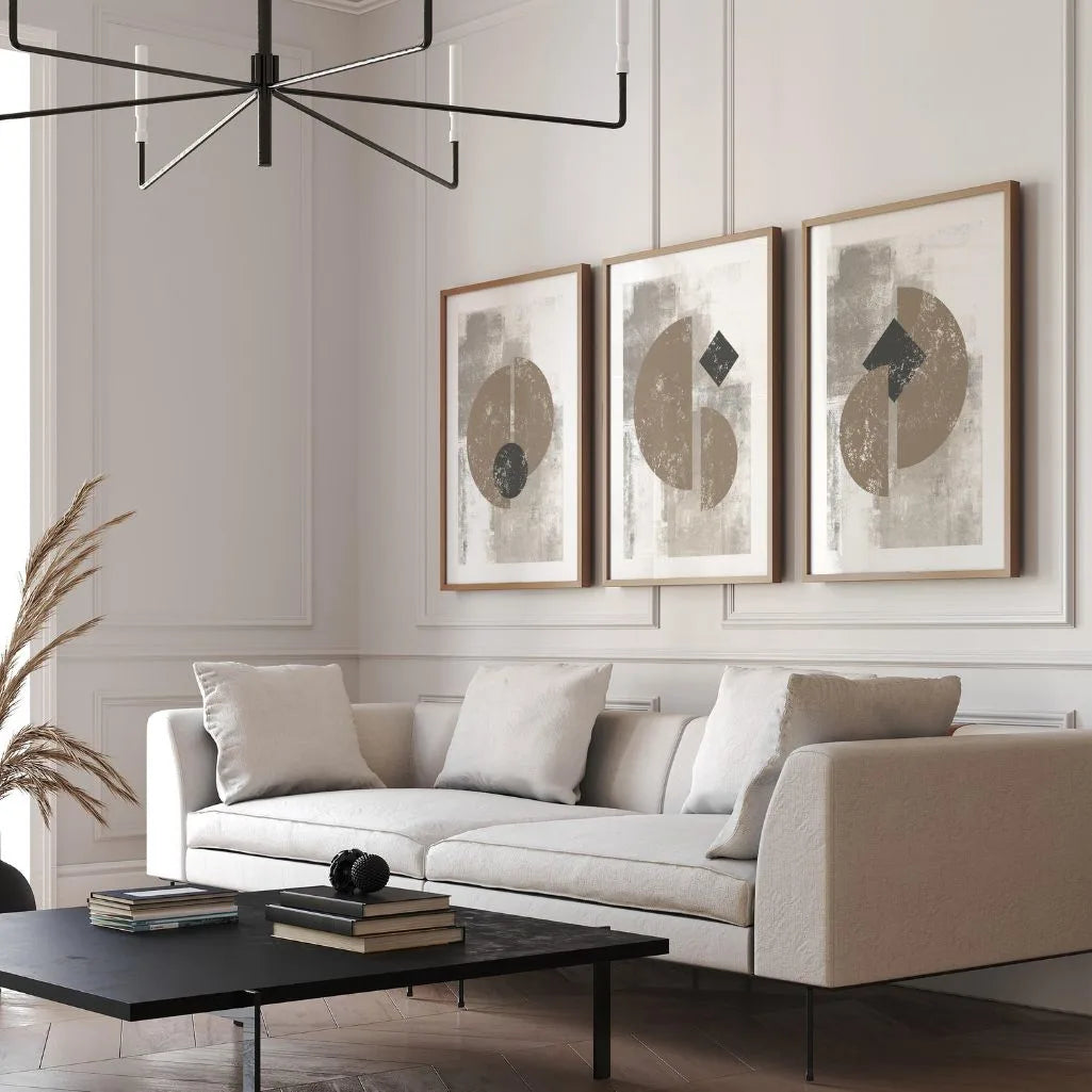 Textured Geometric Abstract Art Prints - Set of 3 Beige Neutral Wall Art
