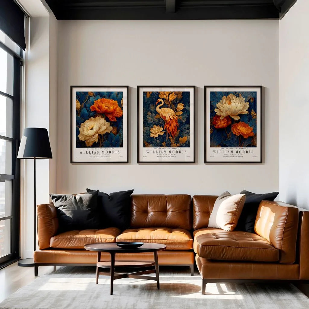 Plakaty inspirowane Williamem Morrisem – Zestaw 3 sztuki „Flaming i Kwiaty w Ozdobach Natury”