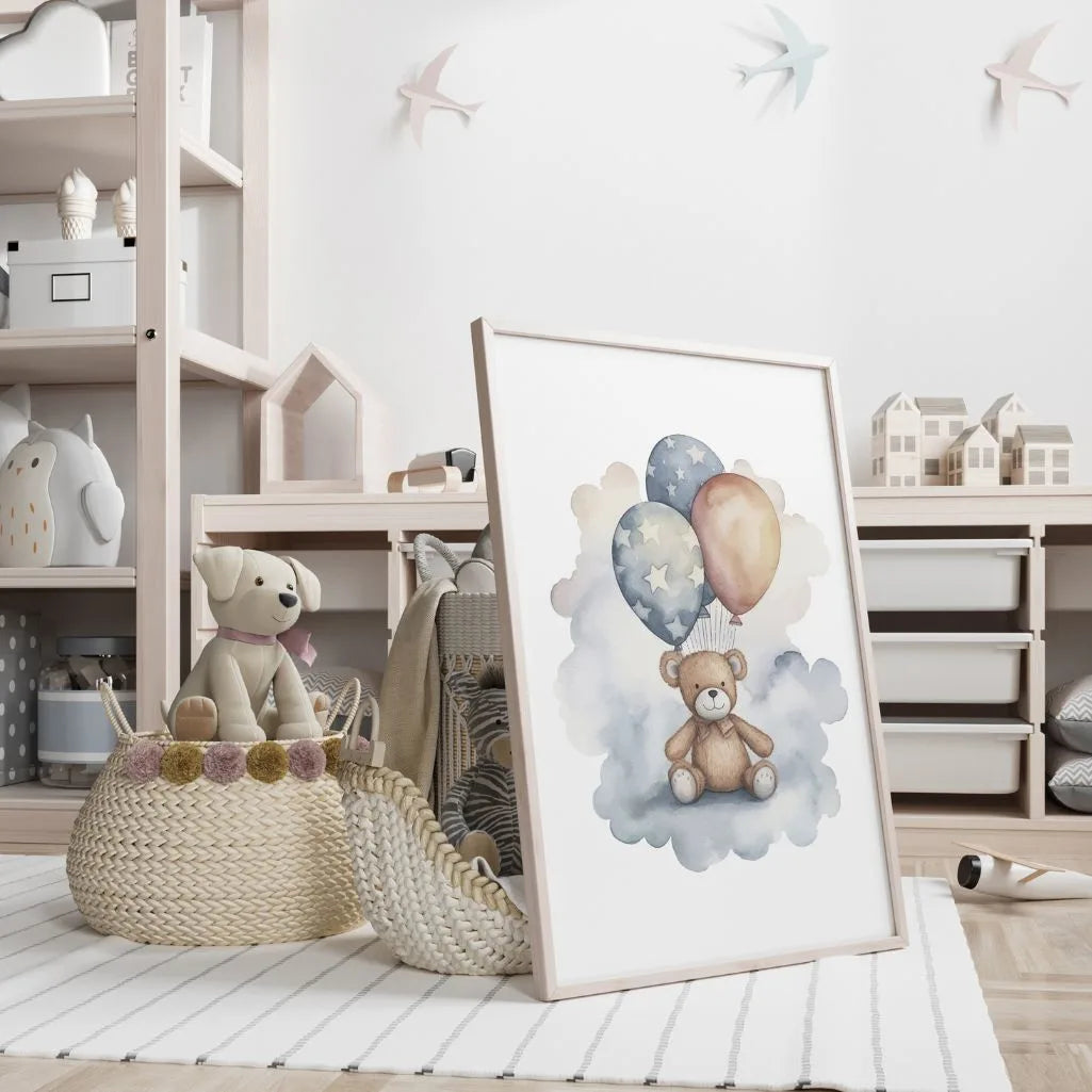 Bear On A Cloud With Star Balloons Poster