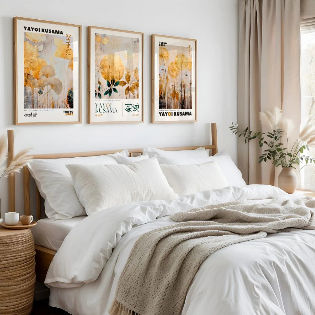 Golden Botanical Abstract Art Prints – Japanese Inspired Set of 3