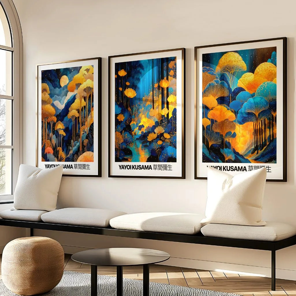 Set of 3 Japanese Botanical Art Prints in Gold & Blue - Inspired Floral Wall Art